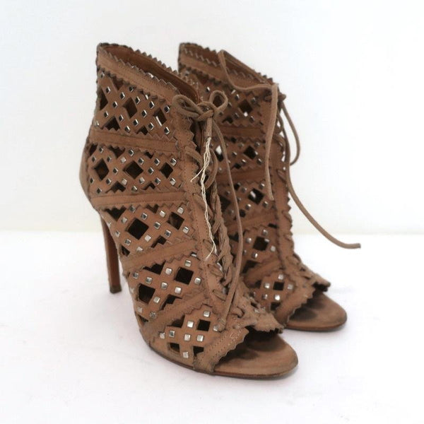Alaia Studded Laser Cut Booties Blush Suede Size 35 Open Toe Ankle Boots