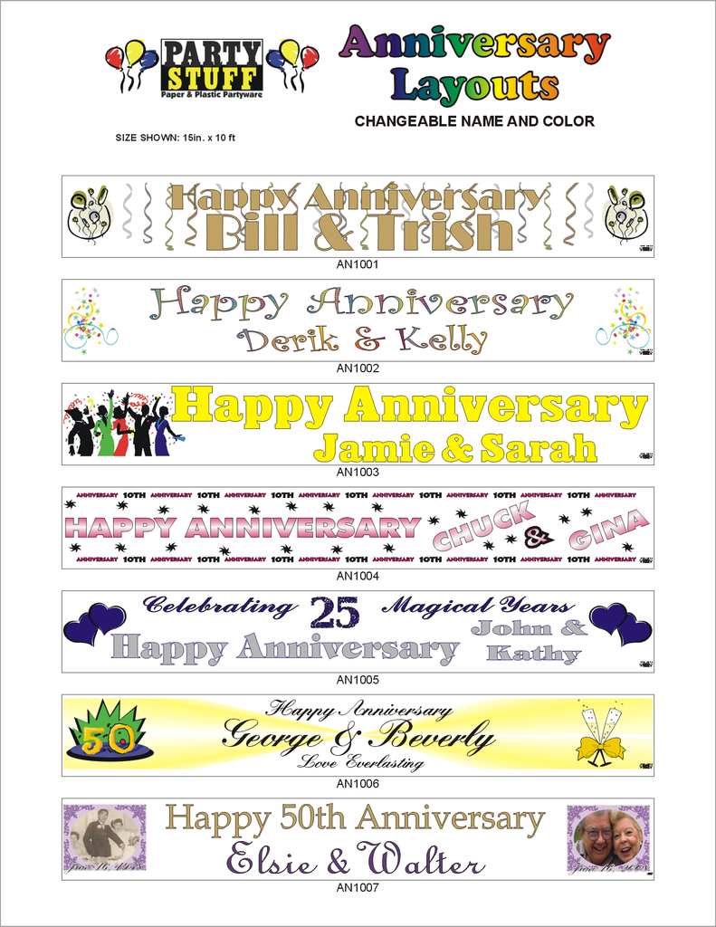 Party Stuff Custom Anniversary Banner Layouts with changeable name and colour. Size 15 inches x 10 feet