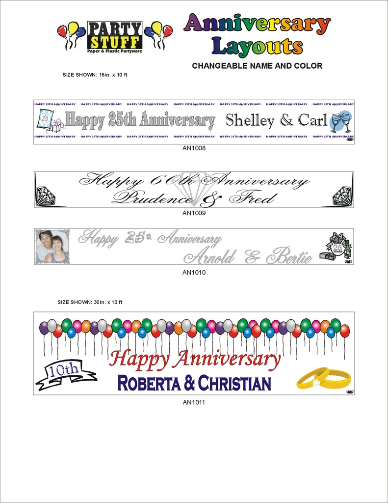 Party Stuff Custom Anniversary Banner Layouts with changeable name and colour. Size 15 inches x 10 feet