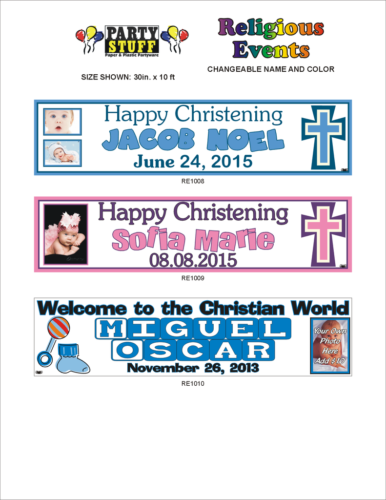 Party Stuff Custom Religious Banner Layouts with changeable name and colour. Size 30 inches x 10 feet