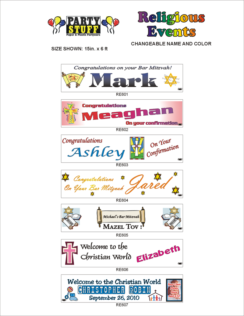 Party Stuff Custom Religious Banner Layouts with changeable name and colour. Size 15 inches x 6 feet