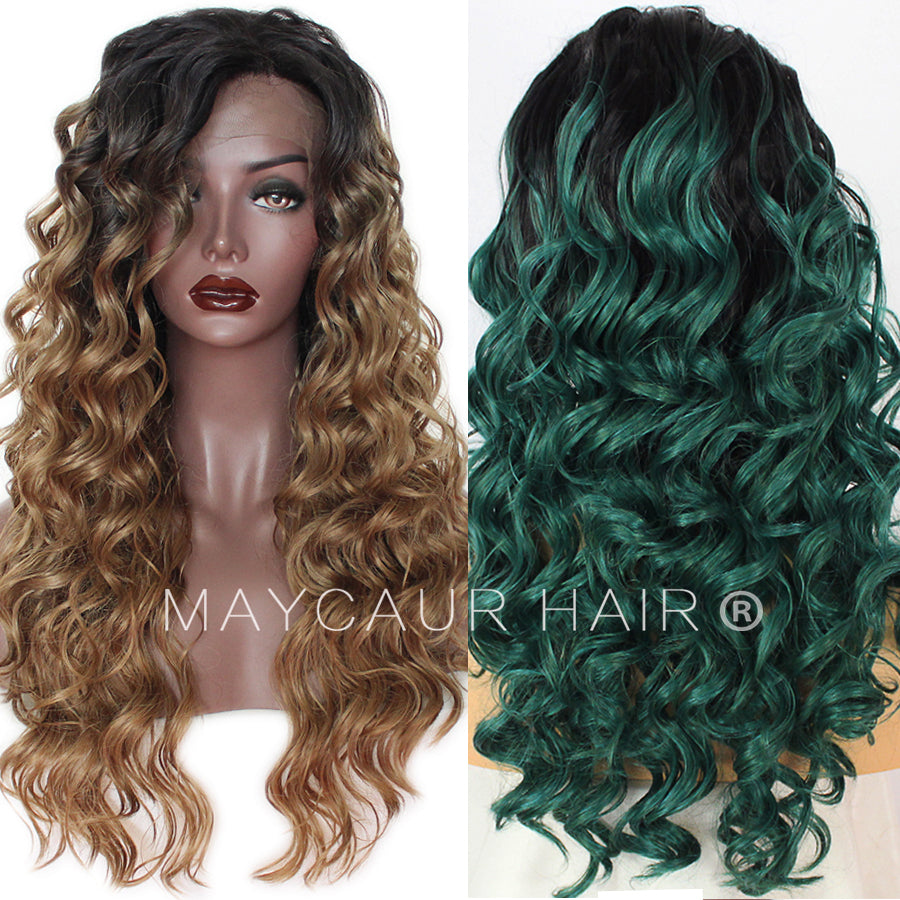 2 Tones Black Ombre Brown Green Synthetic Lace Front Wigs Dark Roots Long Curly Hair For Women