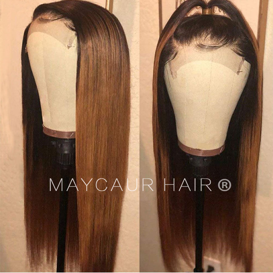 Brazilian Remy Human Hair Ombre Color Black Brown Full Lace Wig Natural Straight Lace Front Wig