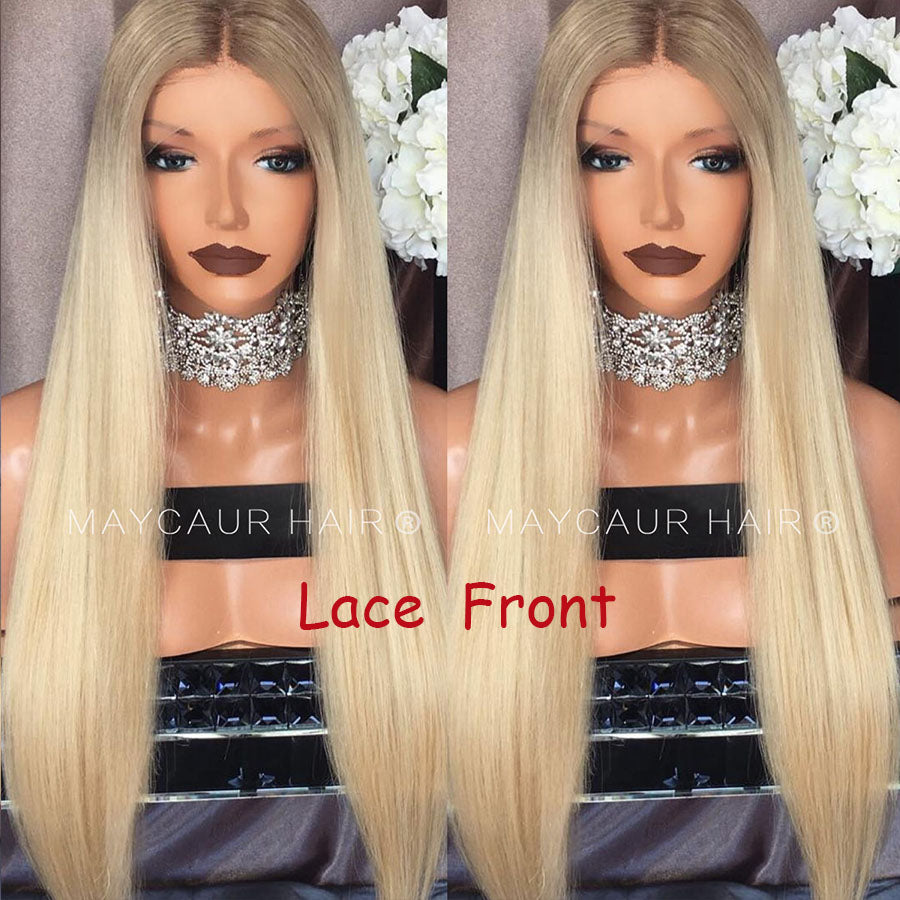 Brown Blonde Long Straight Hair Glueless Wig Synthetic Lace Front