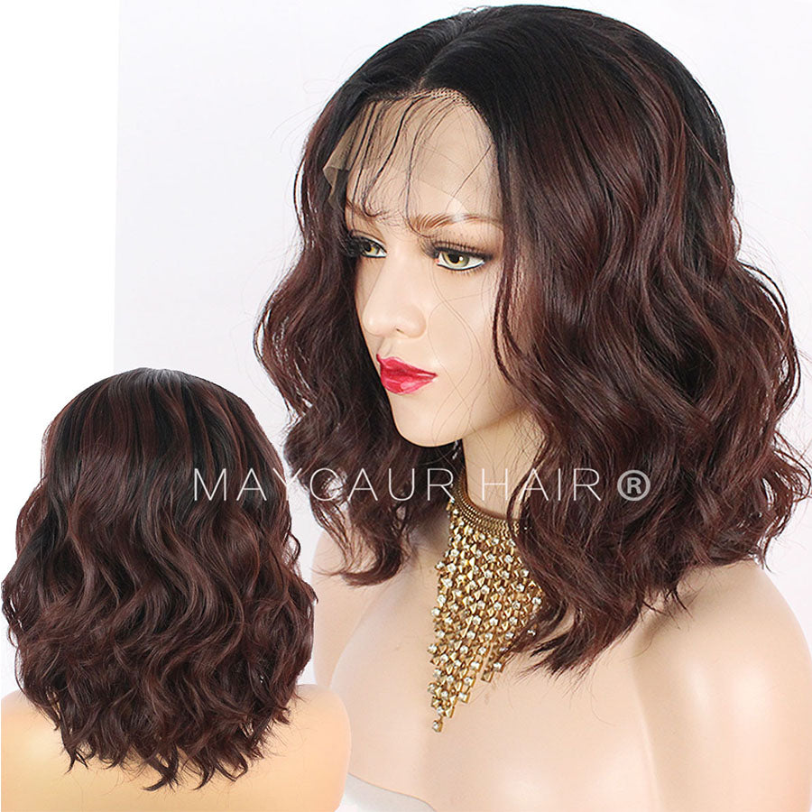 Black Brown 33 Ombre Color Short Wavy Wig With Baby Hair