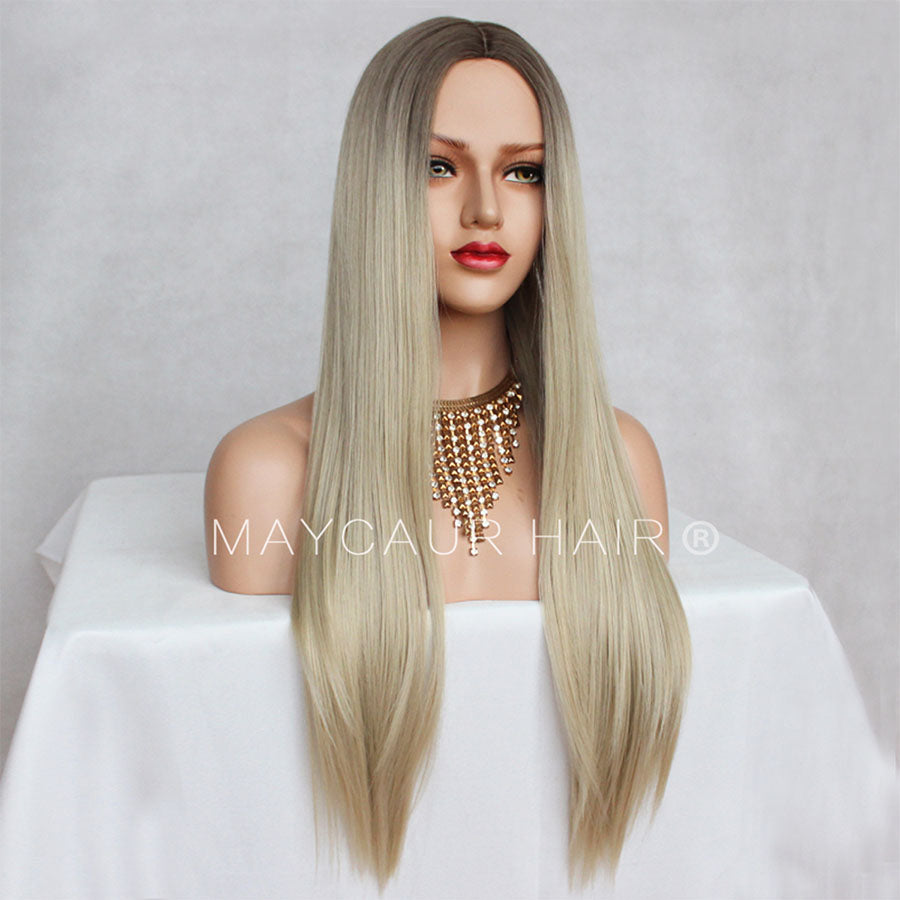 Brown Blonde 2 Tones Synthetic None Lace Wigs Natural Straight