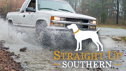 "Straight Up Southern" logo over photo of a truck splashing through the outdoors