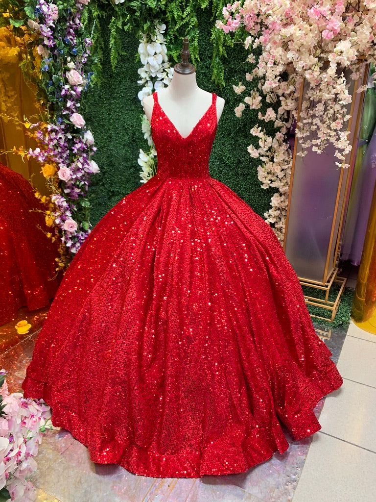 ALQUILER Vestido Para Quinceañeras Escote V Corte Princesa Rojo – Boutique