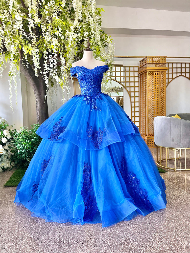 ALQUILER Vestido Para Quinceañeras Hombros Descubiertos Azul Electri – Boutique Panamá
