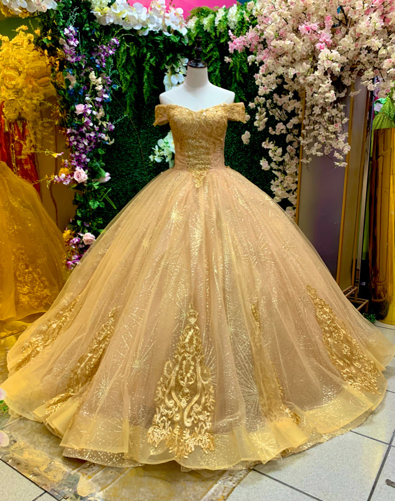 Vestido Para Quinceañeras Hombros Descubiertos Corte Princesa Dorado A – Mi  Boutique Panamá