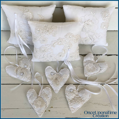 Pillow and Ornament Keepsakes made from a wedding dress by Once Upon a Time Creation