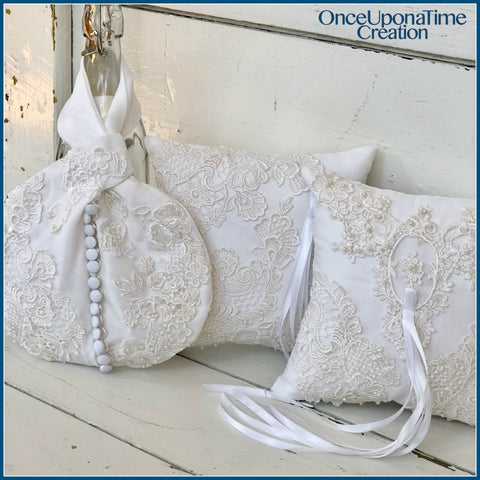 Pillow and Wristlet Bag Keepsakes made from a wedding dress by Once Upon a Time Creation