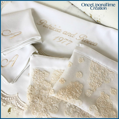 Blanket, Clutch, and Handkerchief Keepsakes made from a wedding dress by Once Upon a Time Creation