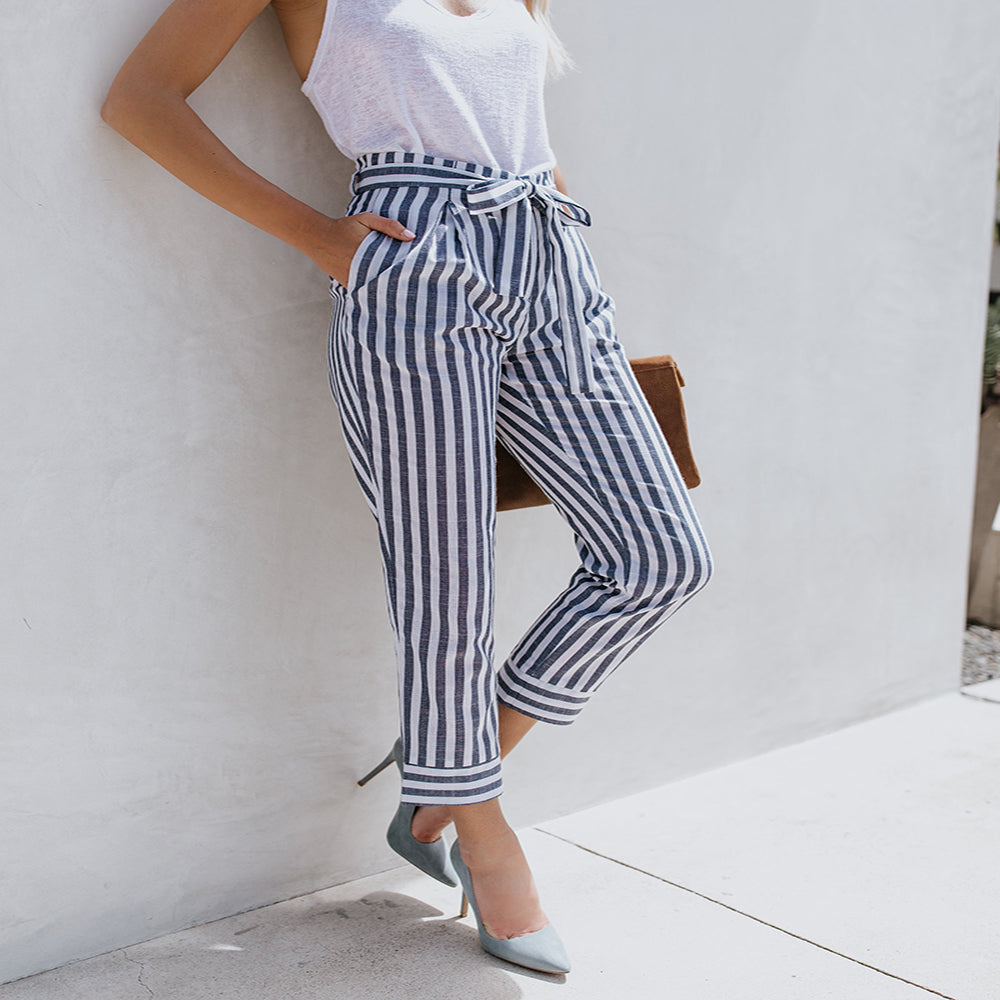 self belt striped pants