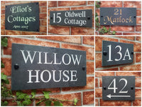 Arrangement of slate engraved house signs in different shapes and sizes