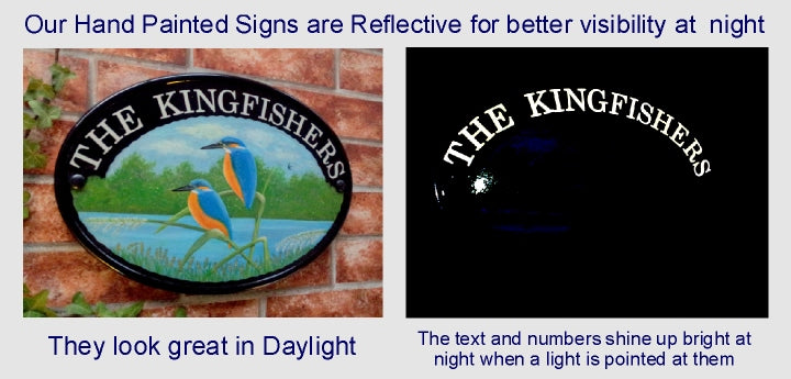 Examples of a reflective hand painted house plaque in day and at night