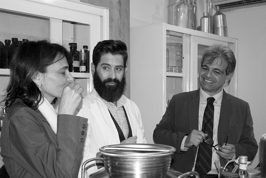 Sonia Acampora, Miguel Matos and Brunello Acampora at Acampora Profumi Olfactory Lab