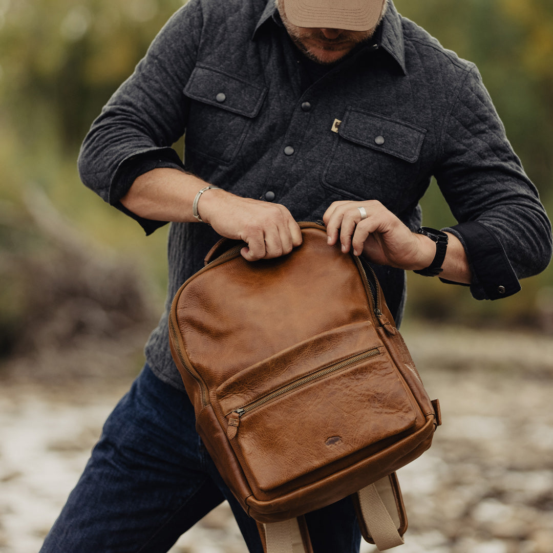 Dakota Waxed Canvas Commuter Backpack | Field Khaki w/ Chestnut Brown Leather