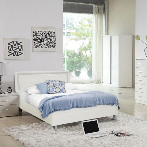 crystalle white faux leather bed frame with silver diamante