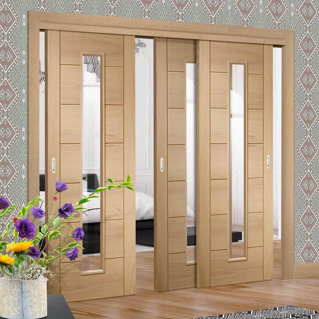 Three Sliding Doors and Frame Kit - Palermo Oak 1 Pane Door - Clear Gl