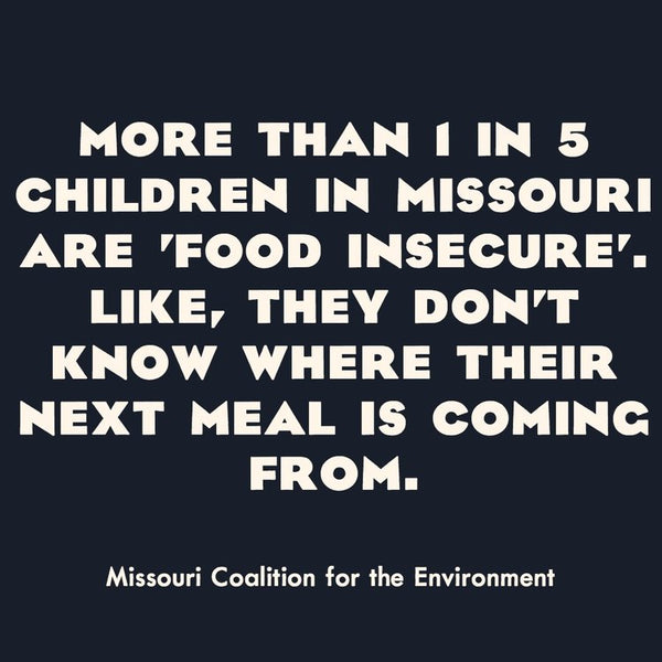 More than 1 in 5 children in Missouri are food insecure. Like, they don't know where their next meal is coming from. Source: Missouri Coalition for the Environment