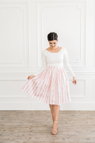 pink and white striped skirt