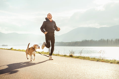 man running with dog