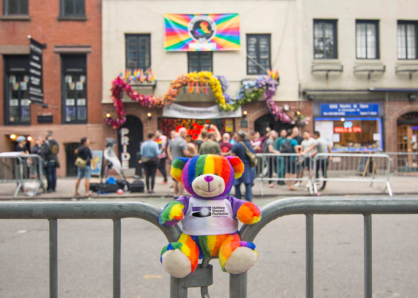 Bear Buggy®'s Totally Pride Teddy photographed for Pride in front of Stonewall, the birthplace of the modern LGBTQ civil rights movement.