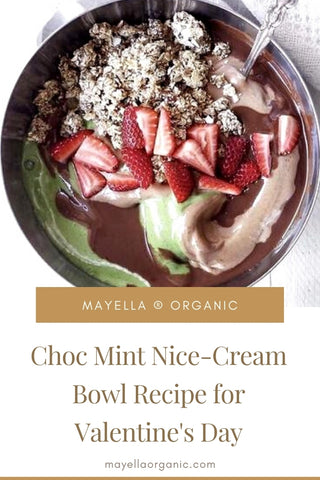 birds eye view of one choc mint smoothie bowl topped with strawberries and granola