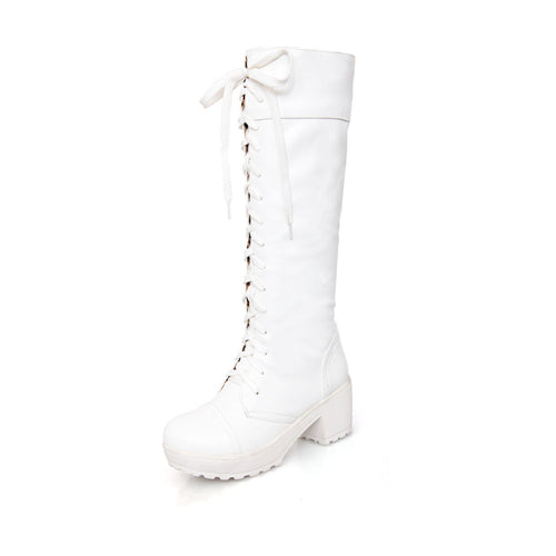 white knee high lace up boots
