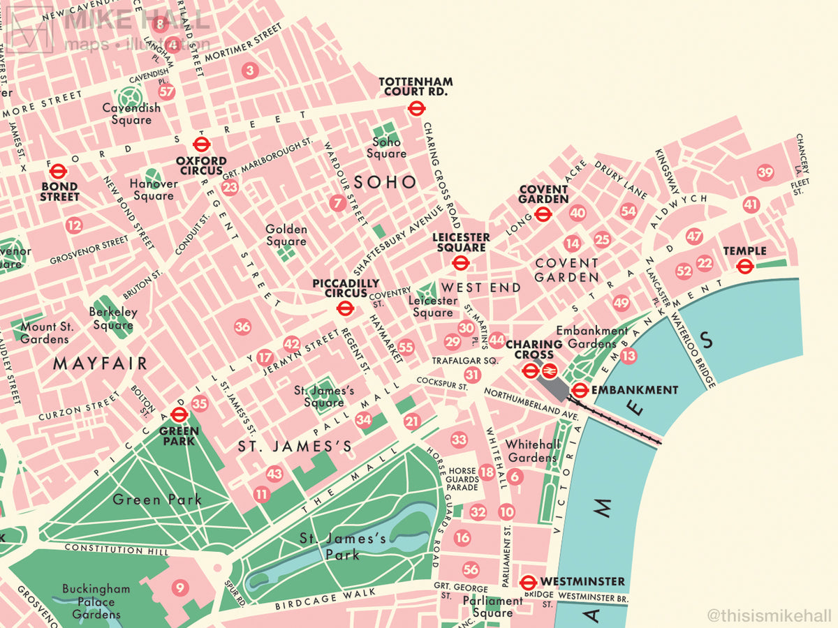 Westminster (London borough) retro map giclee print Mike Hall Maps