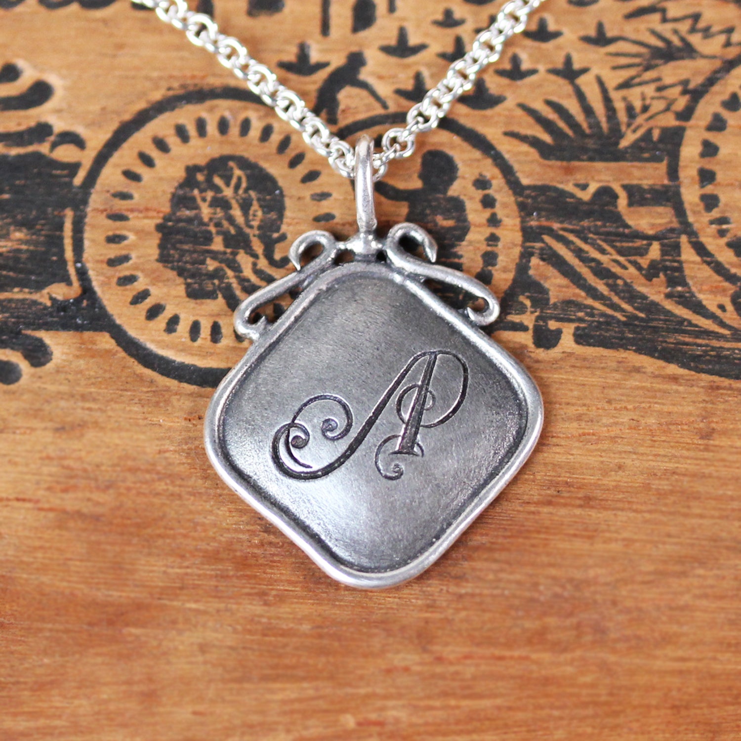 Antique Style Monogram Silver Square Pendant- A