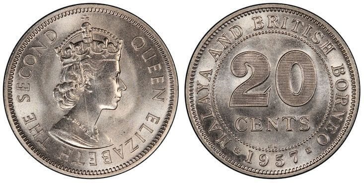 マラヤ及びイギリス領ボルネオ エリザベス2世20セント1957年