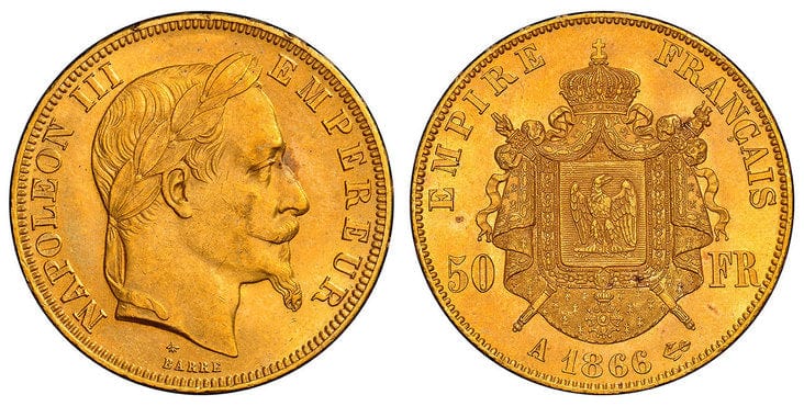 フランス ナポレオン3世 50フラン金貨 1866-A年 NGC MS64