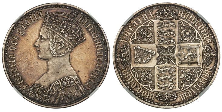 1887年 銀貨】イギリス「神の恵みによるビクトリア」の文字が刻まれた