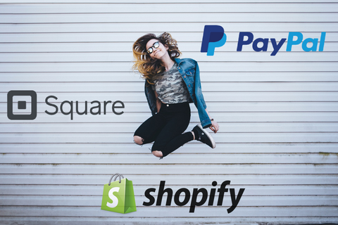 Image of a woman jumping in a good mood with the logos for Shopify PayPal and Square, this is about making a decision on How to Choose a Credit Card System