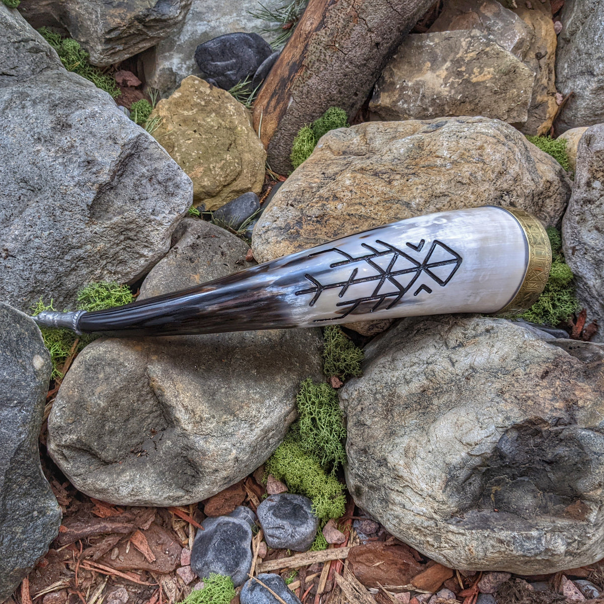 Bind Rune w/ brass rim drinking horn, Rune band brass rim and Horns of Odin Bind Rune design, Pewter Horn Finial