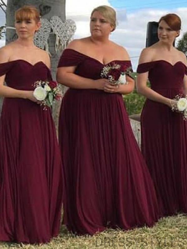 maroon off the shoulder bridesmaid dress