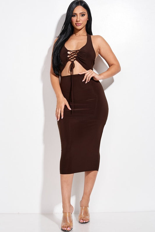 Halter Neck Midi Dress With Criss Cross Front And Cutout