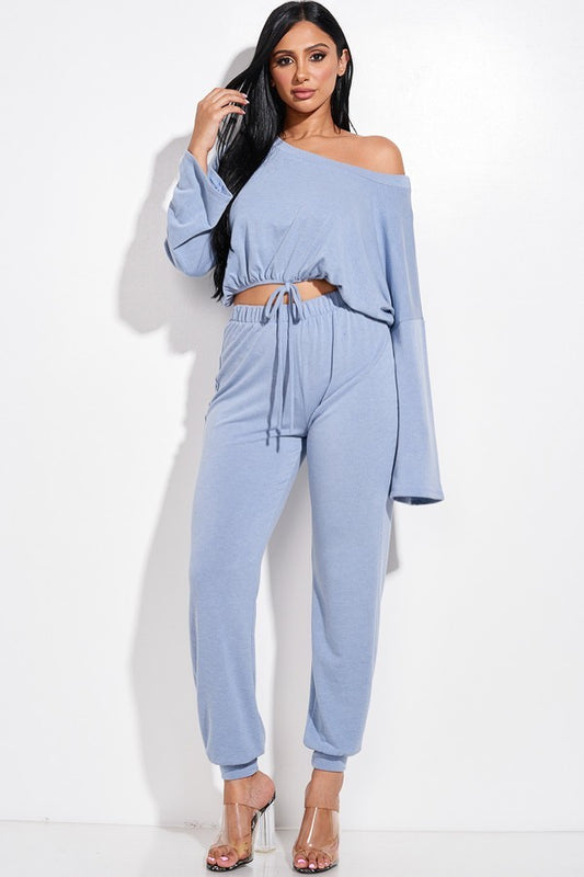 French Terry Long Sleeve Tie Front Slouchy Top And Jogger Pants