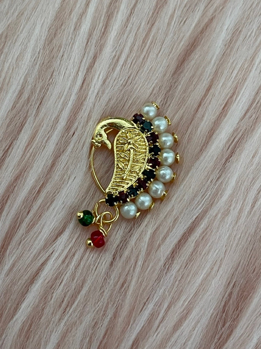 Gold Plated Maharashtrian Nath Peacock Design Nose Pin Red Green ...