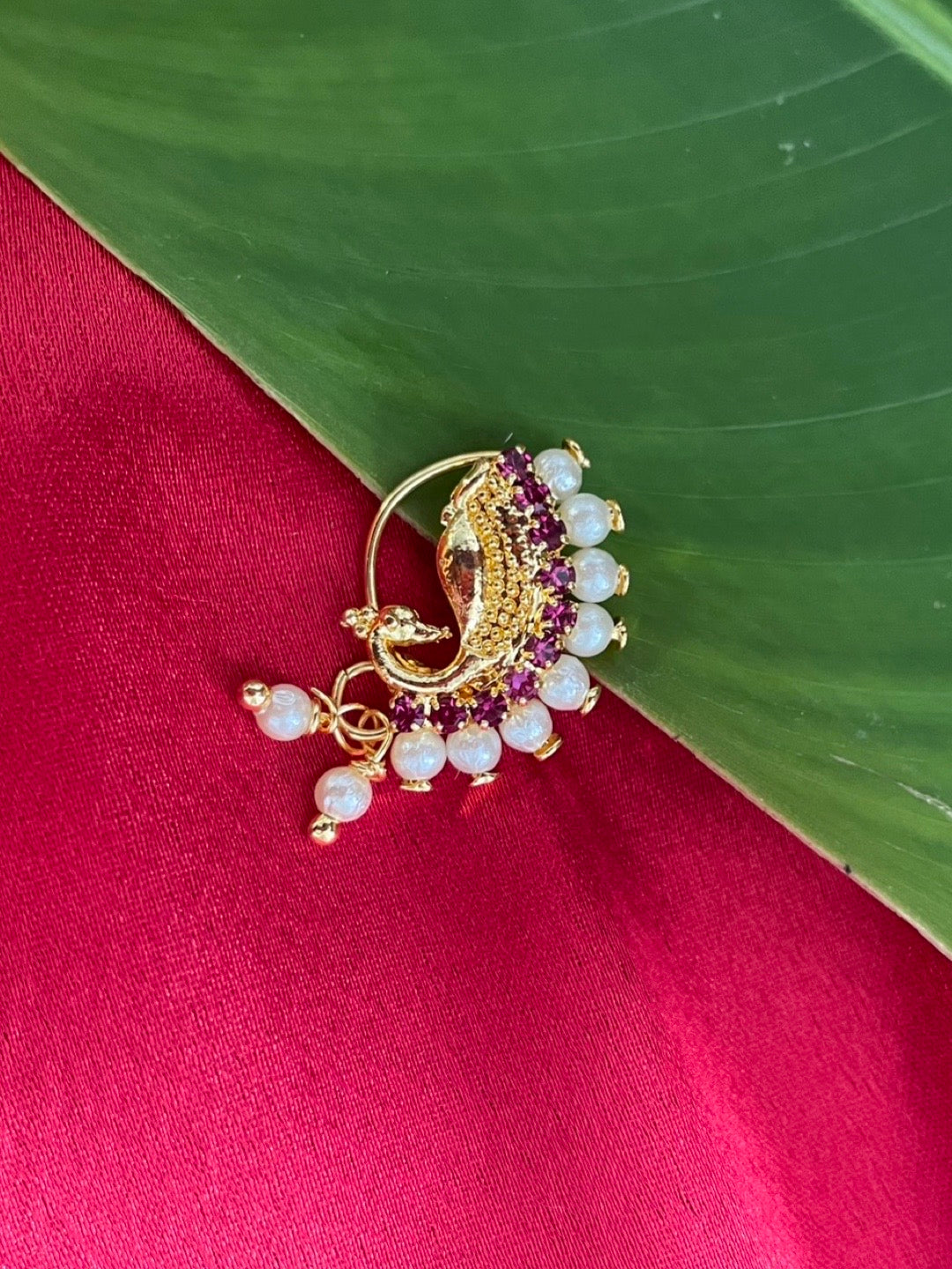 Gold Plated Maharashtrian Nath Peacock Design Nose Pin Red Colour ...