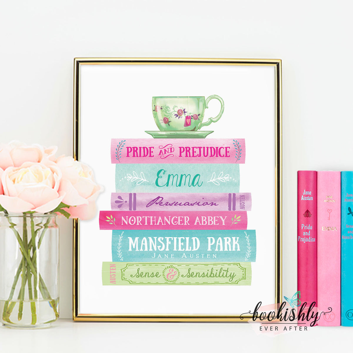 Watercolor coffee and book printable Stack of books with coffee and roses Book lovers art print library wall art