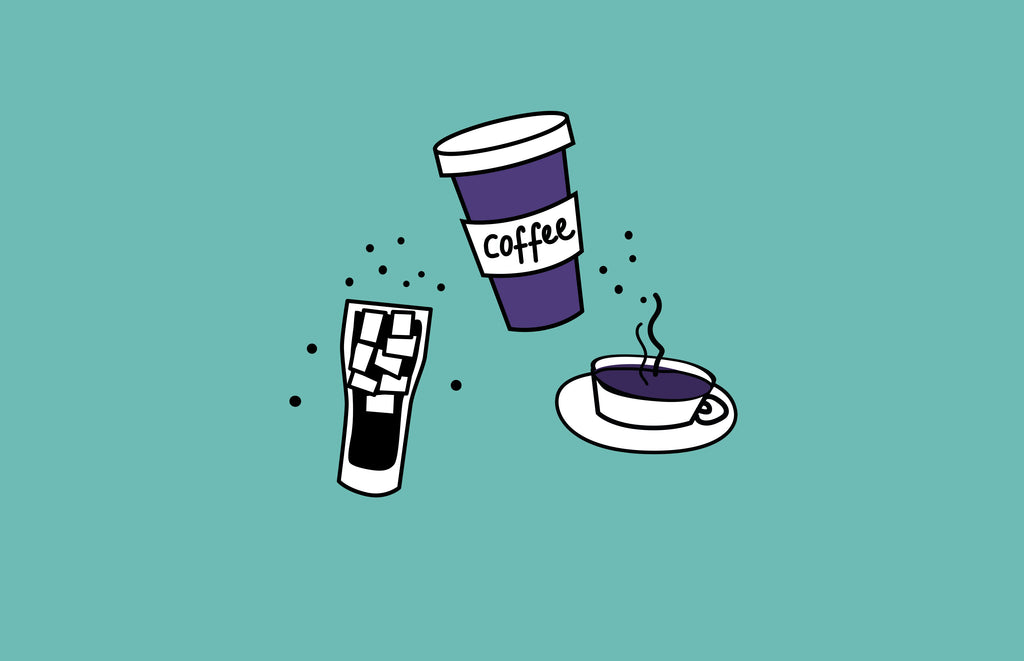 Illustration of a cup of tea, coffee and fizzy drink