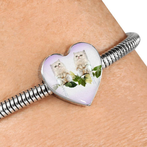 White Persian Cat Print Heart Charm Steel Bracelet-Free Shipping