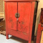 Antique Shanxi armoire in original red lacquer, old paintings and hardware