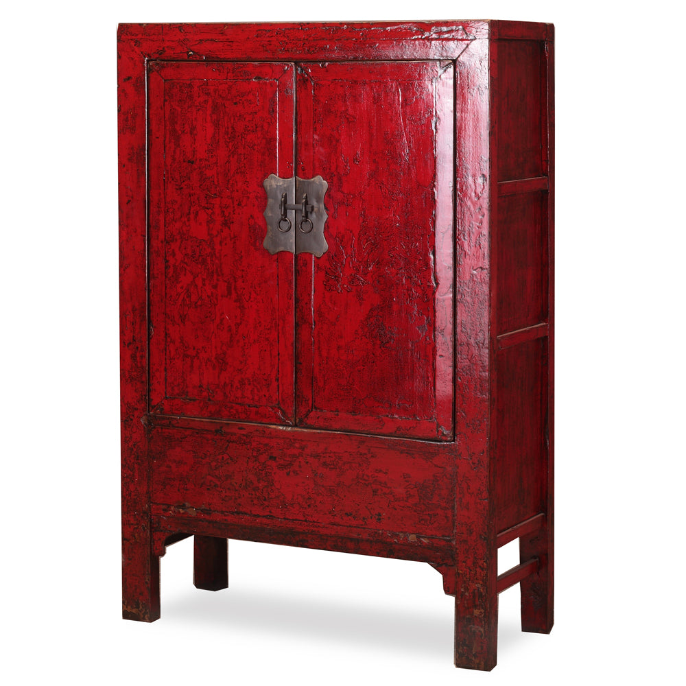 Armoire In Distressed Red Lacquer Shimu