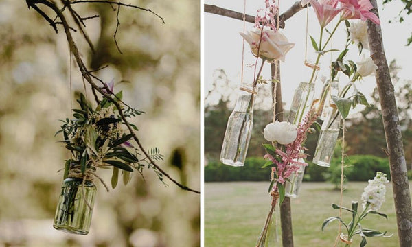 Déco mariage bouteilles suspendues 