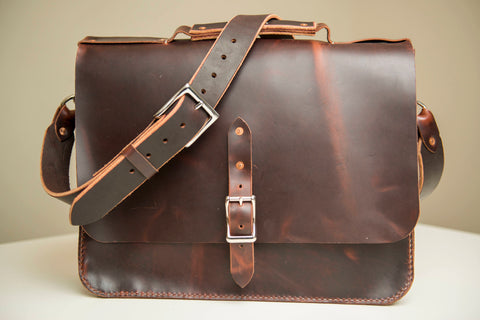 The Rocky Briefcase from Earth and Hide.  Handmade leather satchel