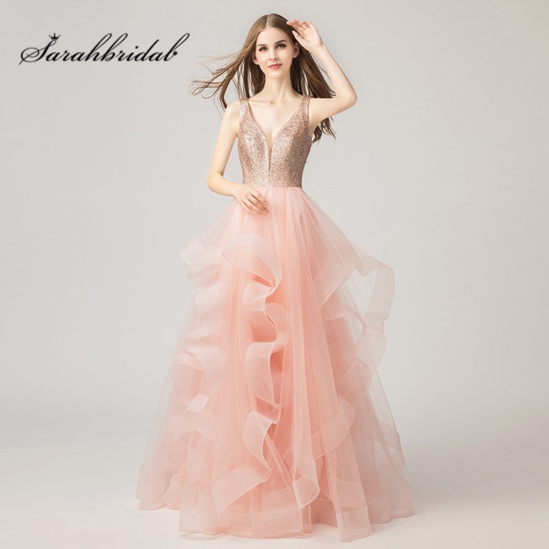 2019 New Prom Dresses Long Rose Gold Sequins Top Sexy V Neck Backless Ruffles Tulle Floor Length Evening Party Gowns Cc5136